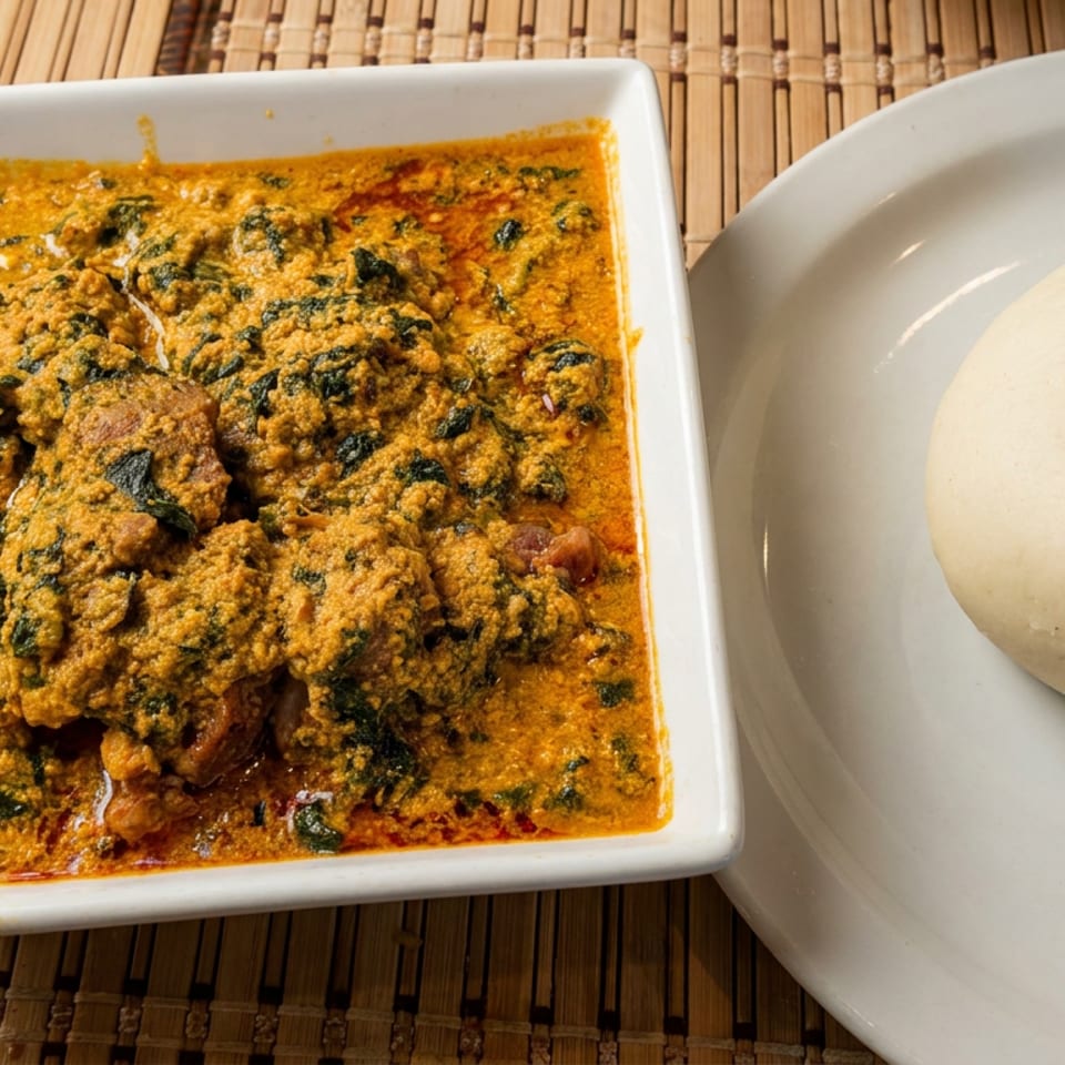 Spicy orange curry with leafy greens and meat served beside a soft white steamed bun on a bamboo placemat.
